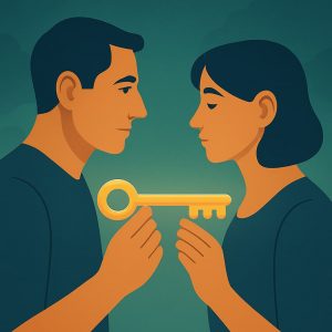 un couple déssiné tenant une clé avec des nuages sombre en arriere plan