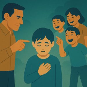 dessin mettant en scene un adulte grondant un enfant et des enfant se moquant de lui