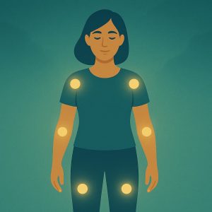 dessin d'un personnage avec des boules lumineuses au niveau des articulations symbolisant les problèmes d'articulations