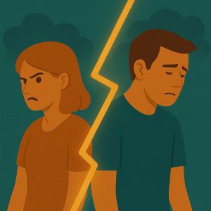 dessin d'un couple se disputant, symbolisant les ruptures amoureuses